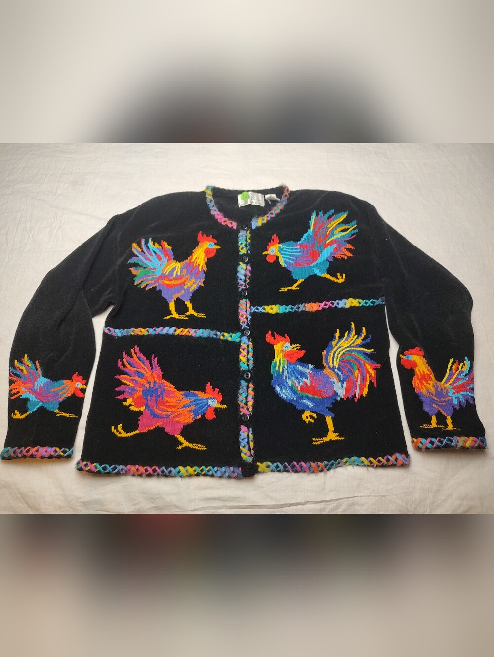 Design Options Philip Jane Gordon Large Cotton Rooster Sweater Cardigan Black